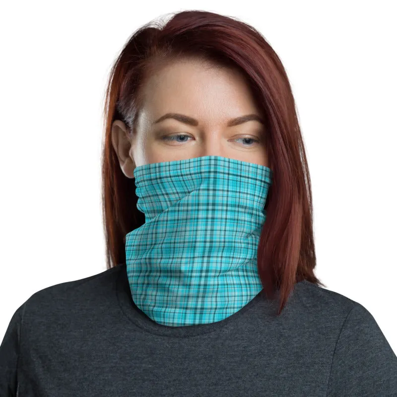 Light Blue Plaid Face Mask Covering, Headband Bandana Neck Gaiter-Made in USA/EU