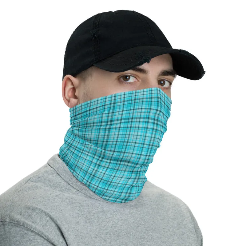 Light Blue Plaid Face Mask Covering, Headband Bandana Neck Gaiter-Made in USA/EU
