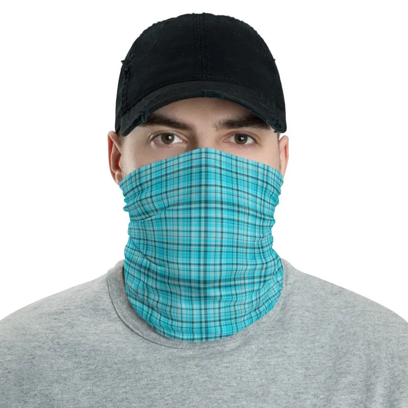 Light Blue Plaid Face Mask Covering, Headband Bandana Neck Gaiter-Made in USA/EU