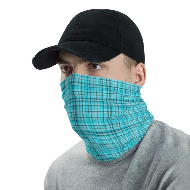 Light Blue Plaid Face Mask Covering, Headband Bandana Neck Gaiter-Made in USA/EU