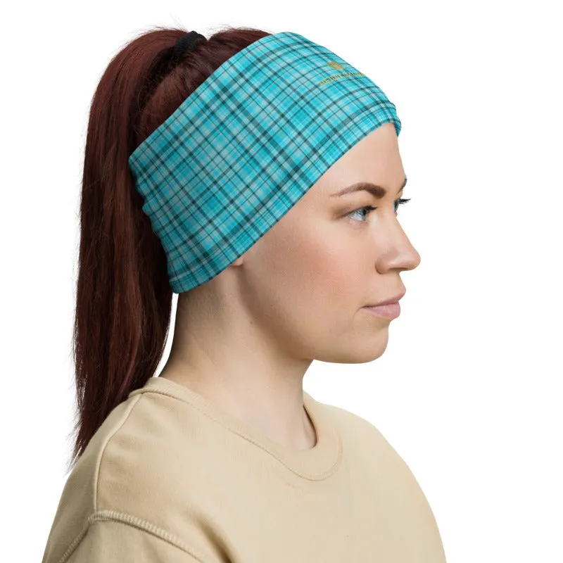 Light Blue Plaid Face Mask Covering, Headband Bandana Neck Gaiter-Made in USA/EU