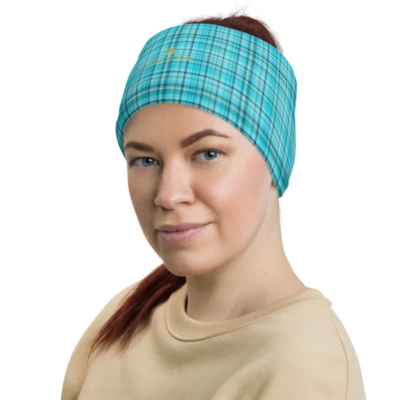 Light Blue Plaid Face Mask Covering, Headband Bandana Neck Gaiter-Made in USA/EU