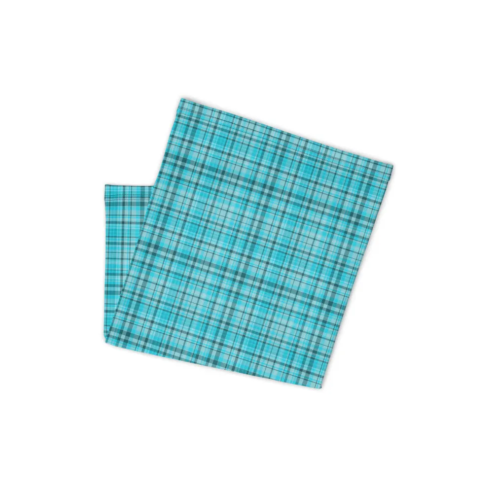 Light Blue Plaid Face Mask Covering, Headband Bandana Neck Gaiter-Made in USA/EU