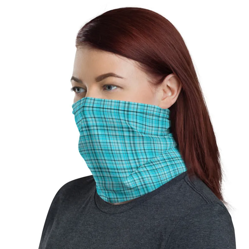 Light Blue Plaid Face Mask Covering, Headband Bandana Neck Gaiter-Made in USA/EU
