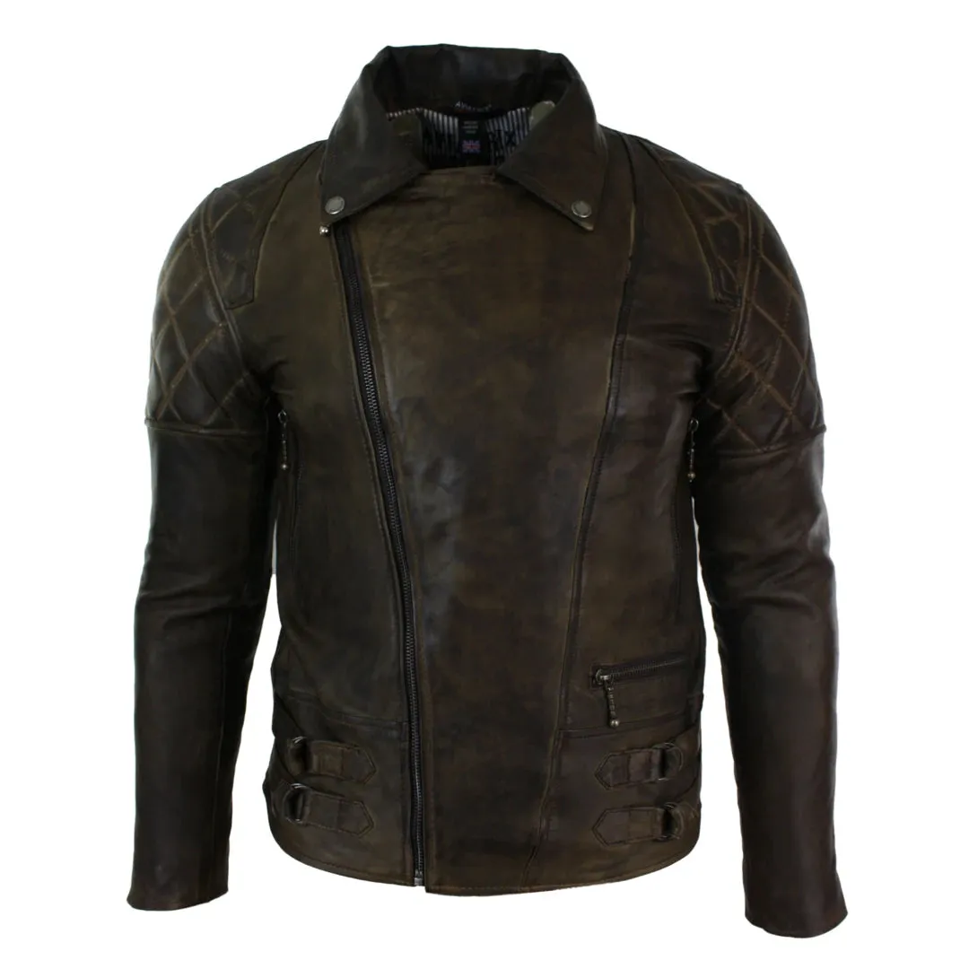 Men's Cross Zip Brown Biker Punk Rock Leather Jacket