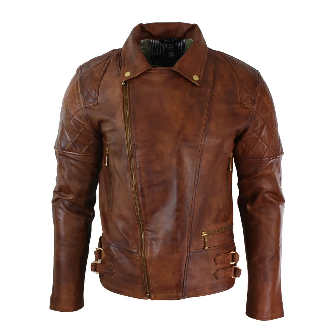 Men's Cross Zip Brown Biker Punk Rock Leather Jacket