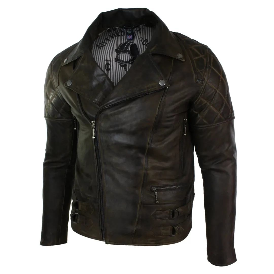 Men's Cross Zip Brown Biker Punk Rock Leather Jacket