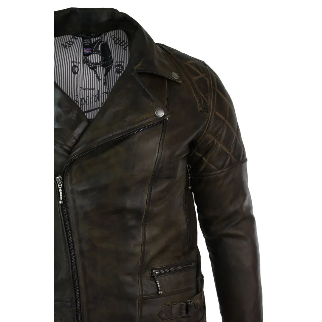 Men's Cross Zip Brown Biker Punk Rock Leather Jacket