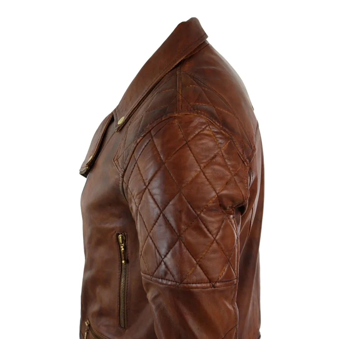 Men's Cross Zip Brown Biker Punk Rock Leather Jacket
