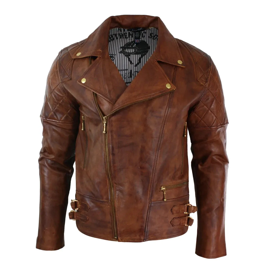 Men's Cross Zip Brown Biker Punk Rock Leather Jacket
