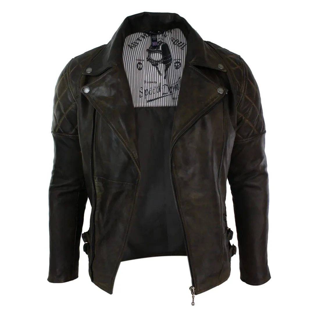 Men's Cross Zip Brown Biker Punk Rock Leather Jacket
