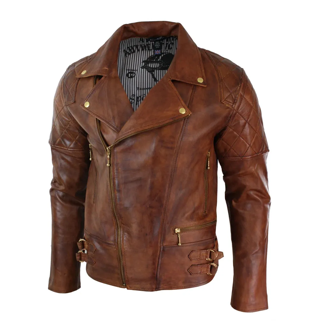 Men's Cross Zip Brown Biker Punk Rock Leather Jacket
