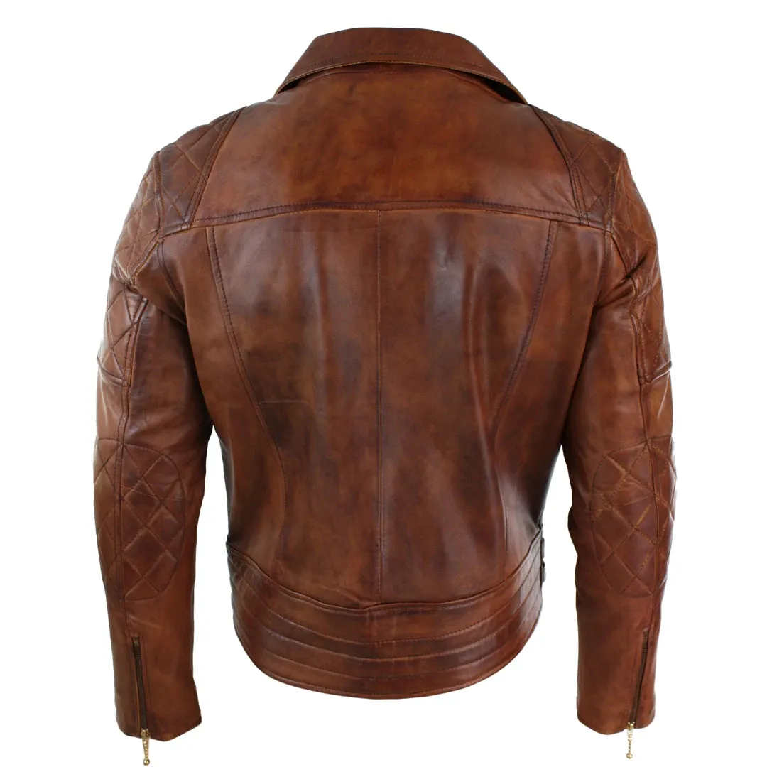 Men's Cross Zip Brown Biker Punk Rock Leather Jacket