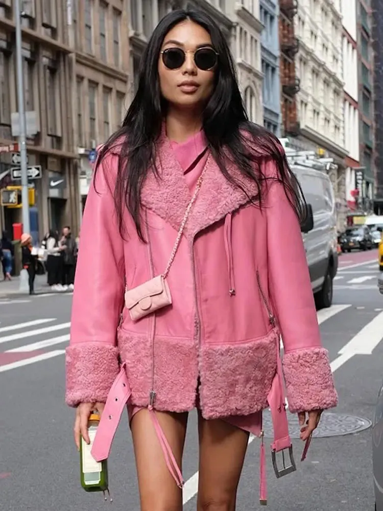 Metallic Leather Faux Fur Collar Thicken Jackets Fake Sheepskin Leather Winter Jacket