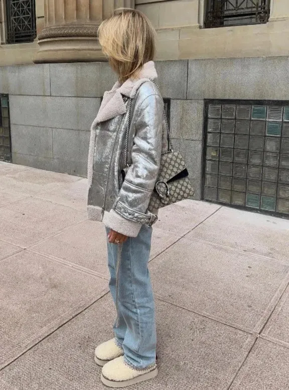 Metallic Leather Faux Fur Collar Thicken Jackets Fake Sheepskin Leather Winter Jacket