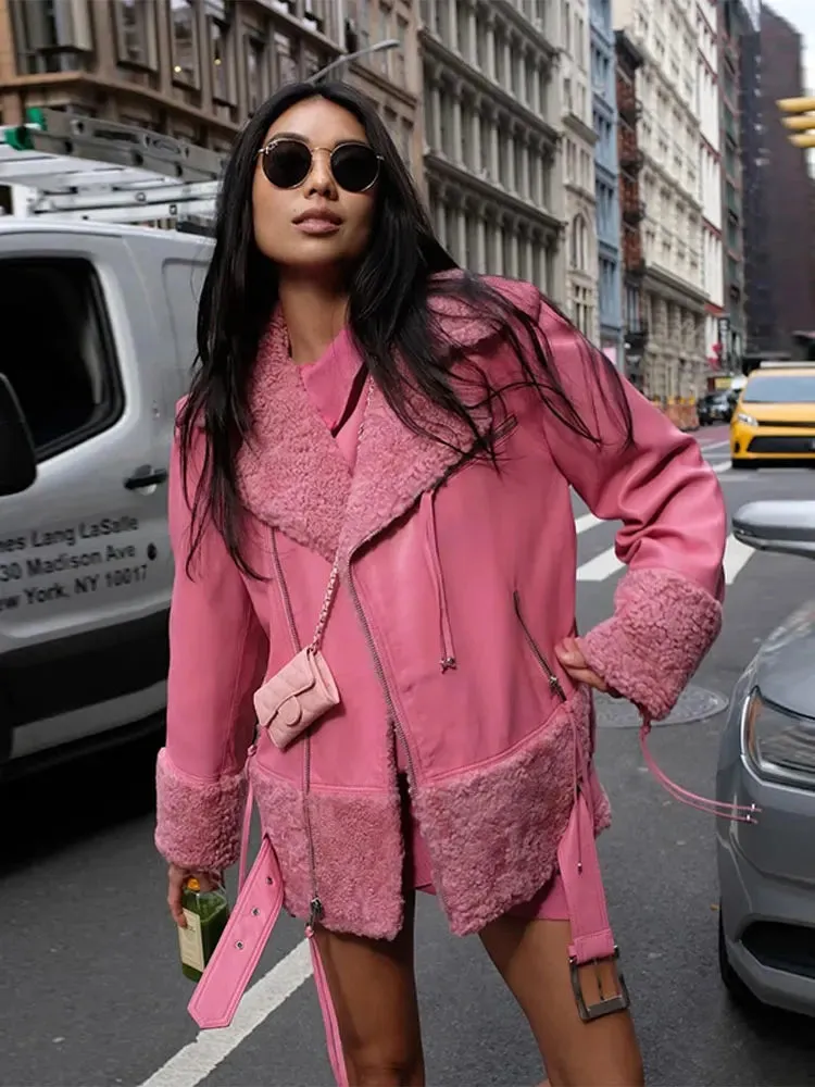 Metallic Leather Faux Fur Collar Thicken Jackets Fake Sheepskin Leather Winter Jacket