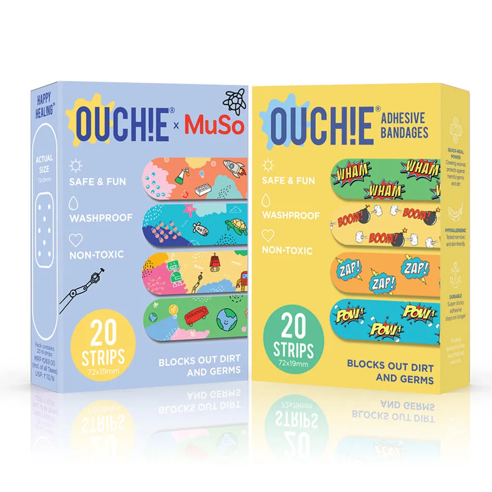 Ouchie x MuSo Non-Toxic Printed Bandages & Action Pack Non-Toxic Printed Bandages Combo Pack (40 Pack) 
