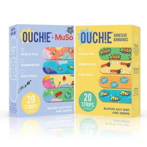 Ouchie x MuSo Non-Toxic Printed Bandages & Action Pack Non-Toxic Printed Bandages Combo Pack (40 Pack) 