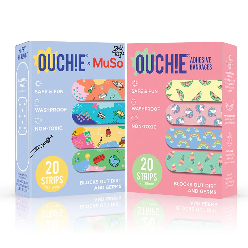 Ouchie x MuSo Non-Toxic Printed Bandages & Pink Blink Non-Toxic Printed Bandages Combo Pack (40 Pack) 