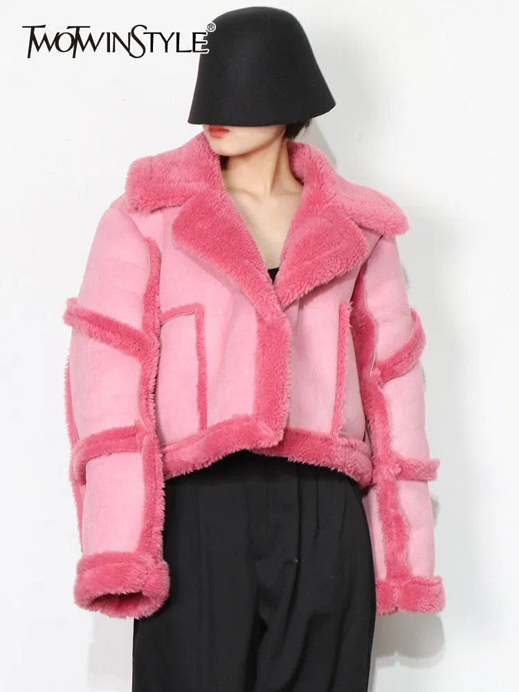 Pink Casual Lambswool Punk Biker Jacket For Women Lapel Long Sleeve Short Coat