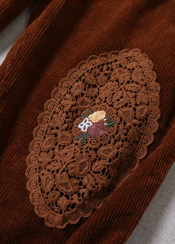 Simple Caramel Embroideried Pockets Corduroy Pants Winter
