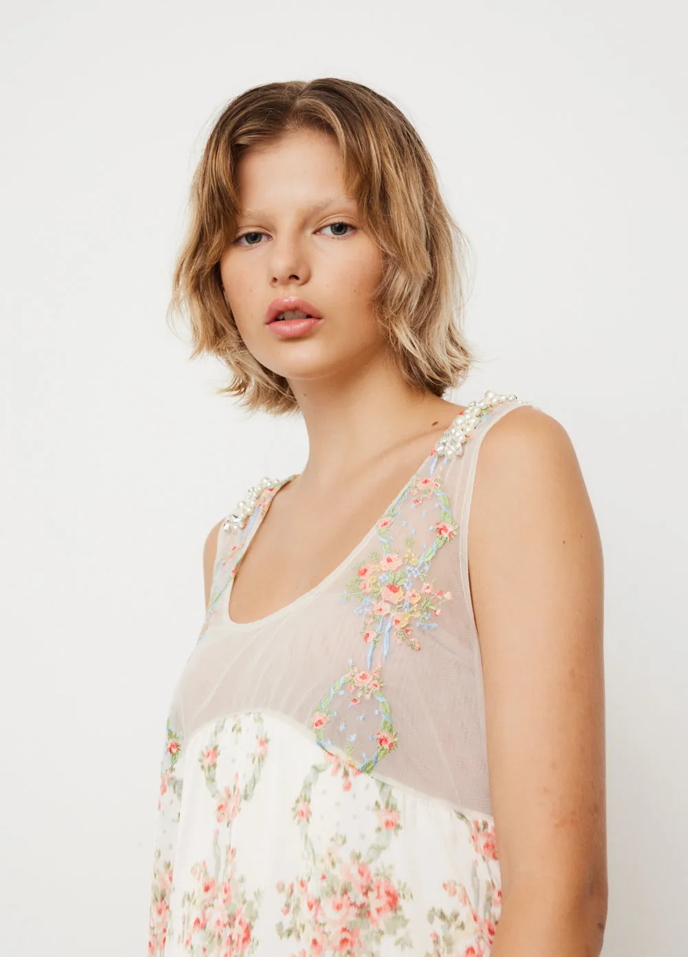Slip Dress With Sheer Top Panel And Embellishments