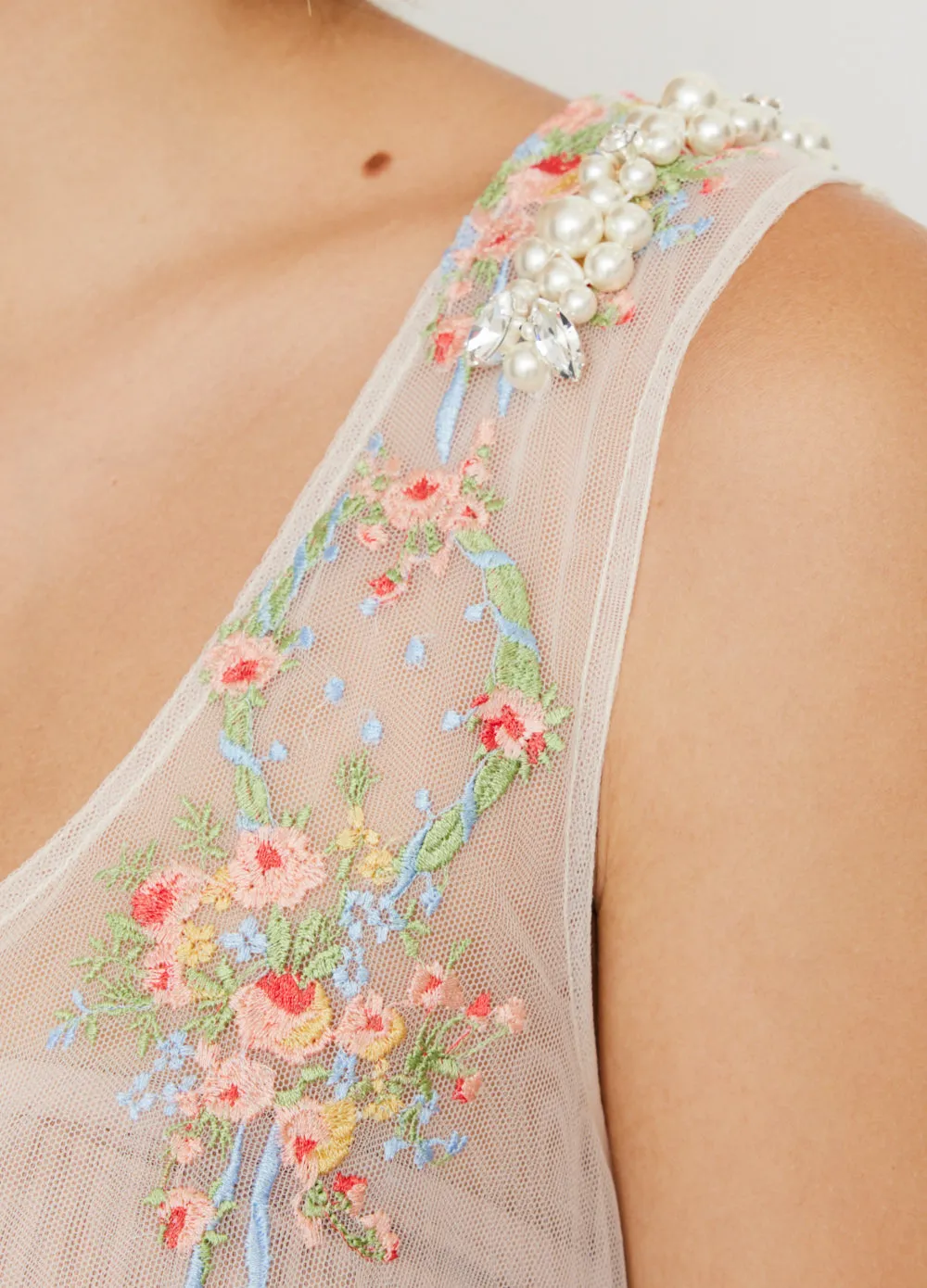Slip Dress With Sheer Top Panel And Embellishments