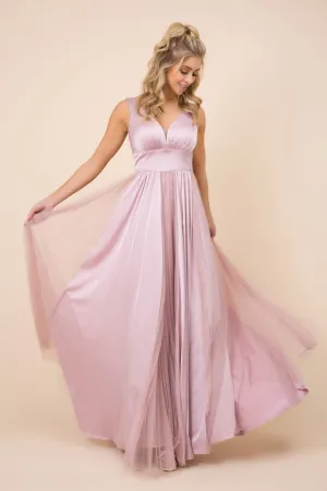 V-neck long tulle dress for evening & bridesmaids