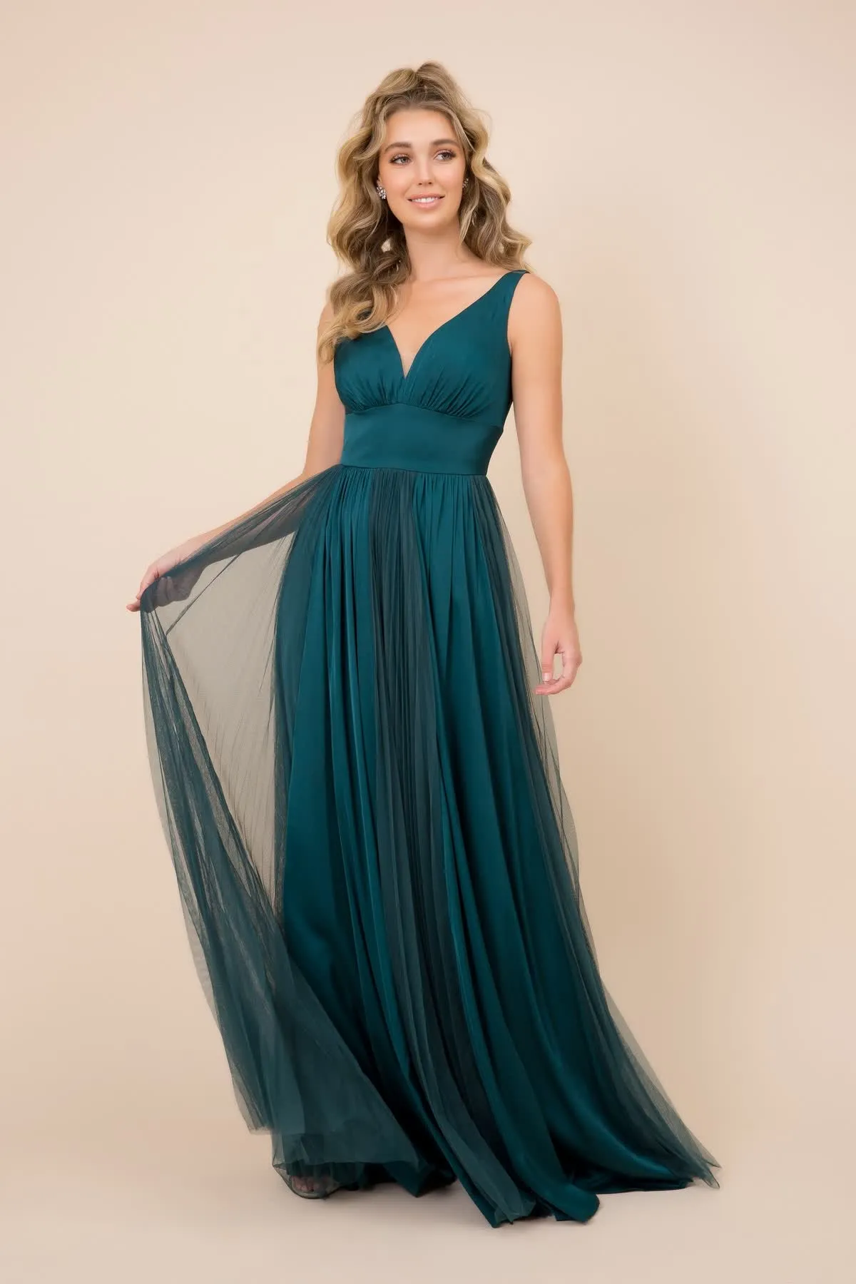 V-neck long tulle dress for evening & bridesmaids