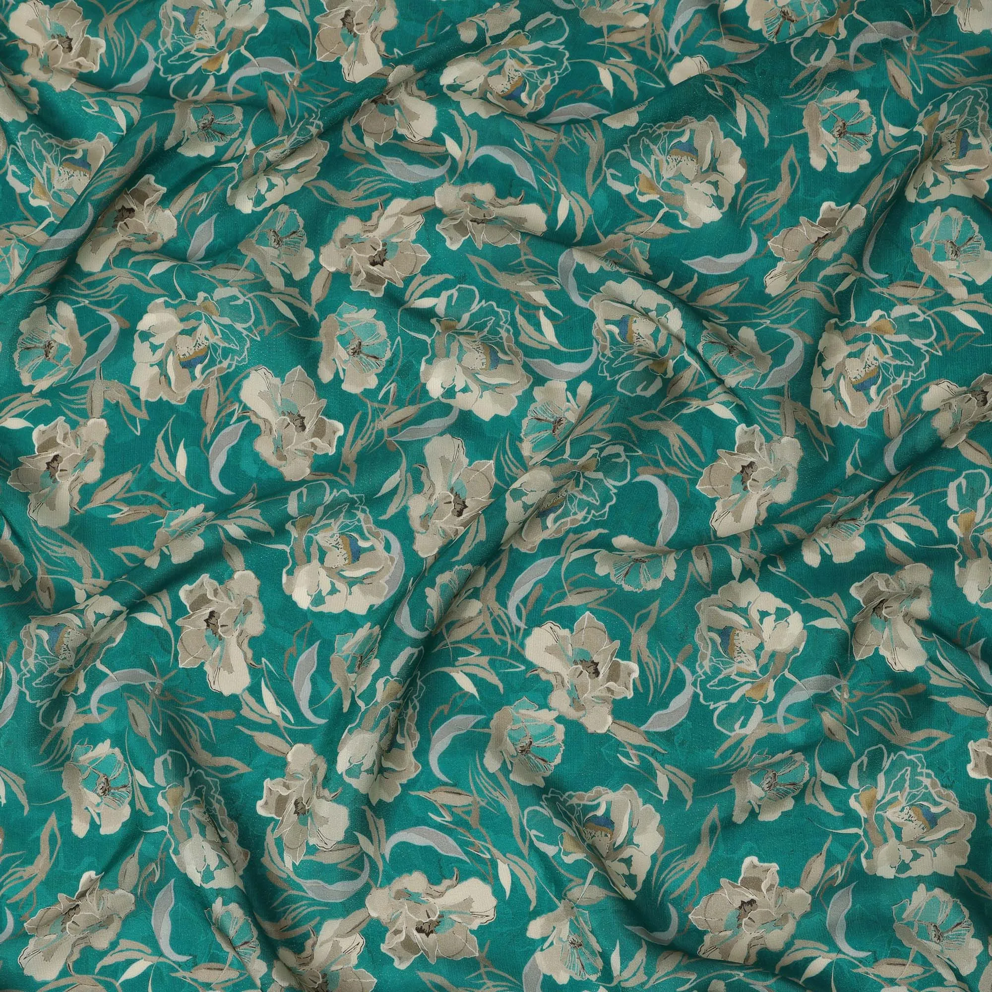 Viscose Crepe Fabric - Elegant Beige Floral on Teal Green, 110 cm Width-D20659