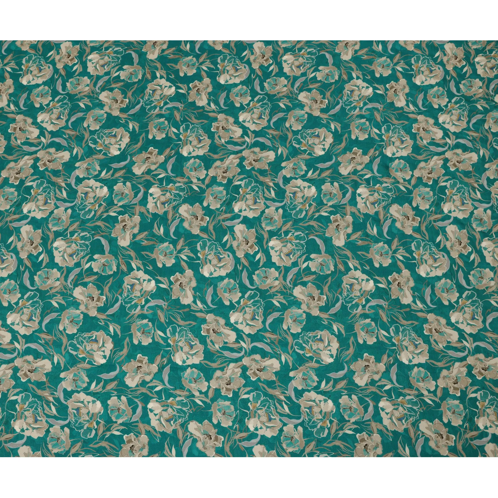 Viscose Crepe Fabric - Elegant Beige Floral on Teal Green, 110 cm Width-D20659