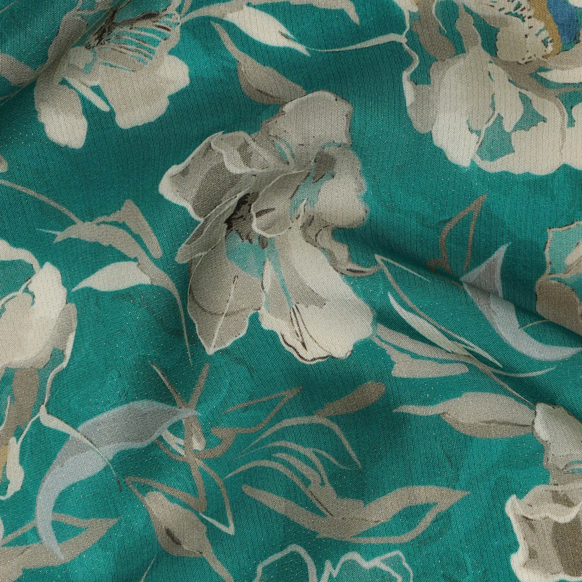 Viscose Crepe Fabric - Elegant Beige Floral on Teal Green, 110 cm Width-D20659