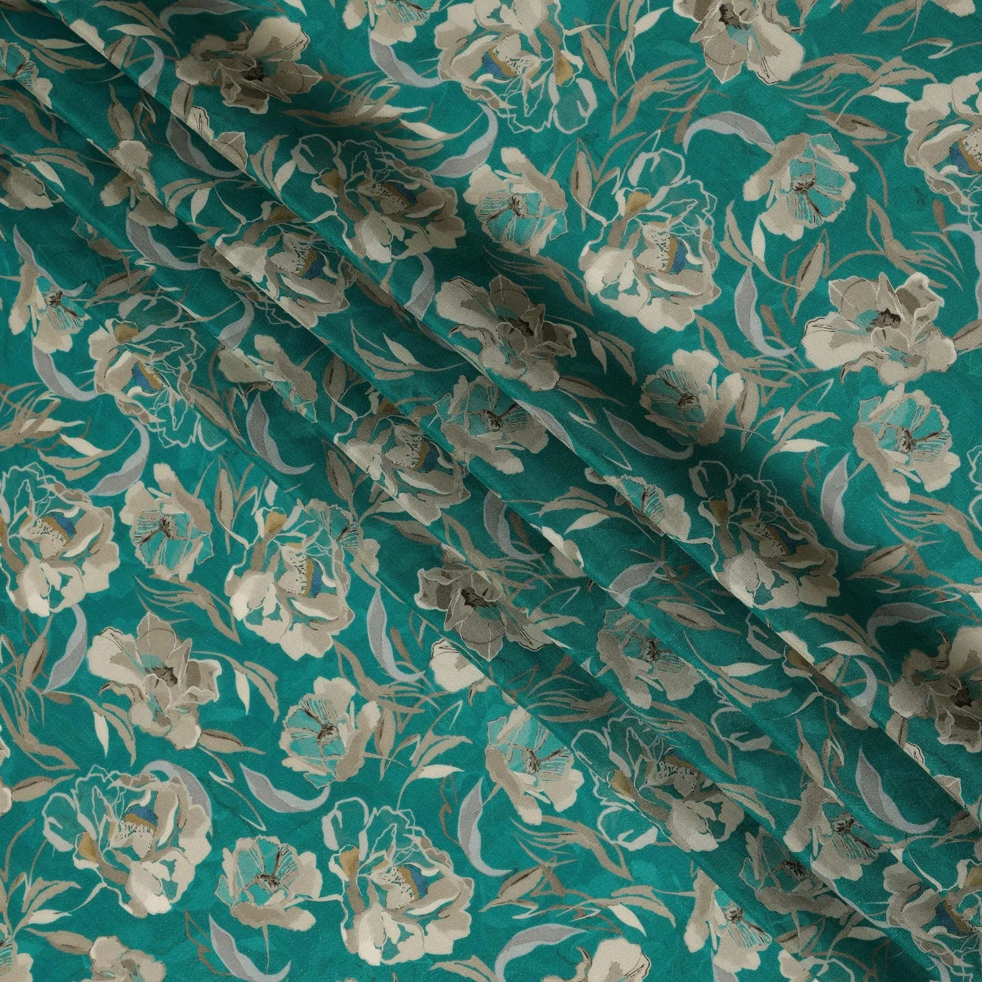 Viscose Crepe Fabric - Elegant Beige Floral on Teal Green, 110 cm Width-D20659