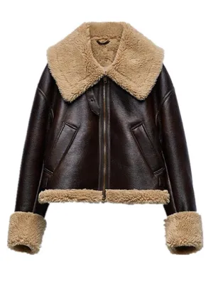 Womens Shearling Coat 2022 Winter Women Thick Vintage Faux Leather Jacket Ladies Casual Zipper Warm Lambswool Biker Coat