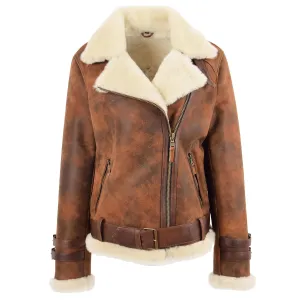 Womens Sheepskin Aviator Cross Zip Pilot Jacket Lena Vintage Brown
