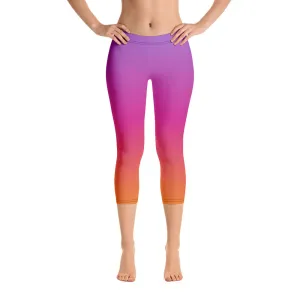 Yoga Ombre Printed Gradient Capri Leggings, Orange Coral Pink Purple, Sexy Tie dye Workout Leggings for Women